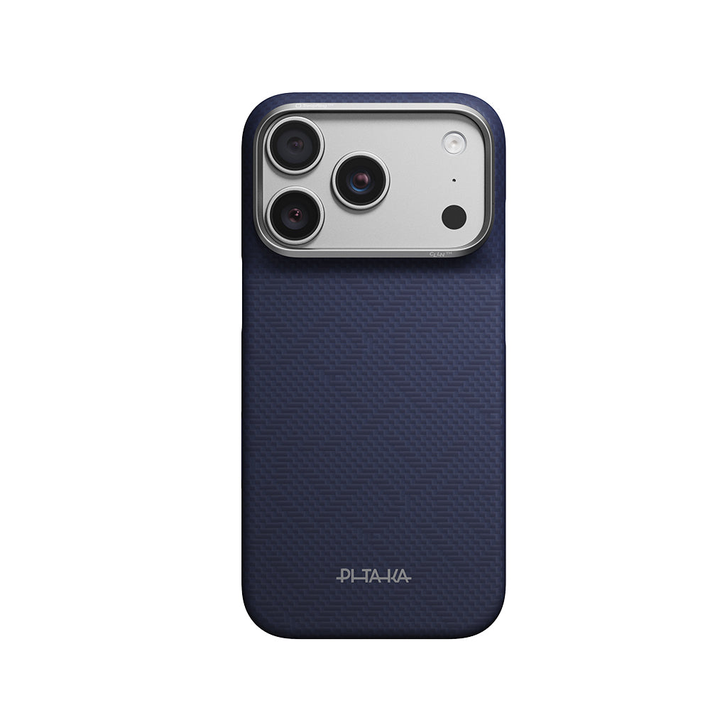 Apple iPhone 18 Pro Kılıf M-safe Şarj Özellikli Aramid Karbon Fiber Pitaka Weaving Serisi Kapak Lacivert