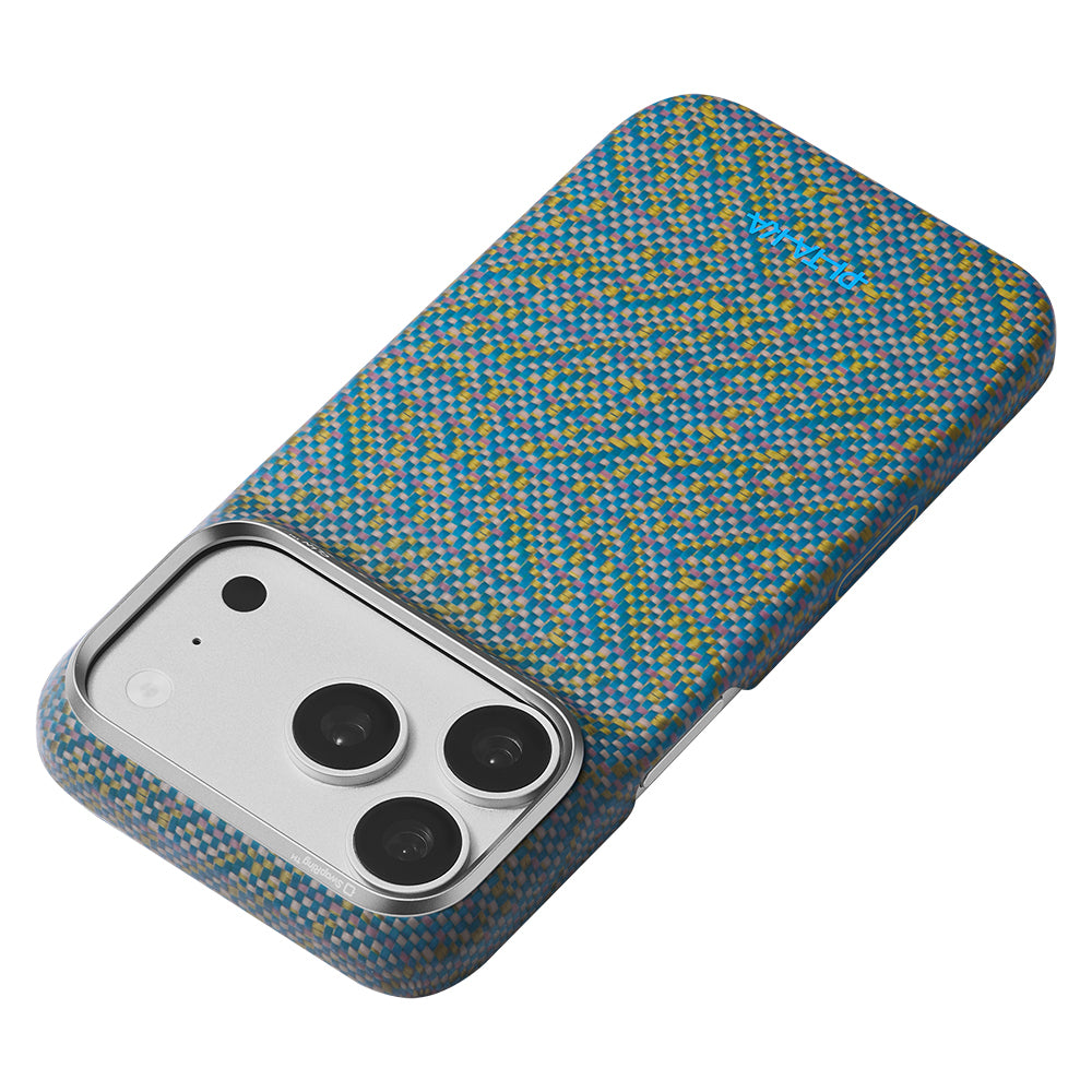 Apple iPhone 18 Pro Kılıf M-safe Şarj Özellikli Aramid Karbon Fiber Pitaka Wind Over Wheat Serisi Kapak Mavi
