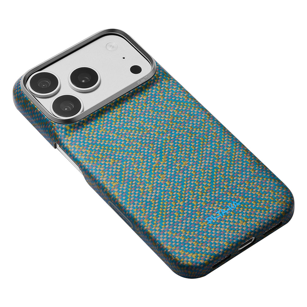 Apple iPhone 18 Pro Kılıf M-safe Şarj Özellikli Aramid Karbon Fiber Pitaka Wind Over Wheat Serisi Kapak Mavi