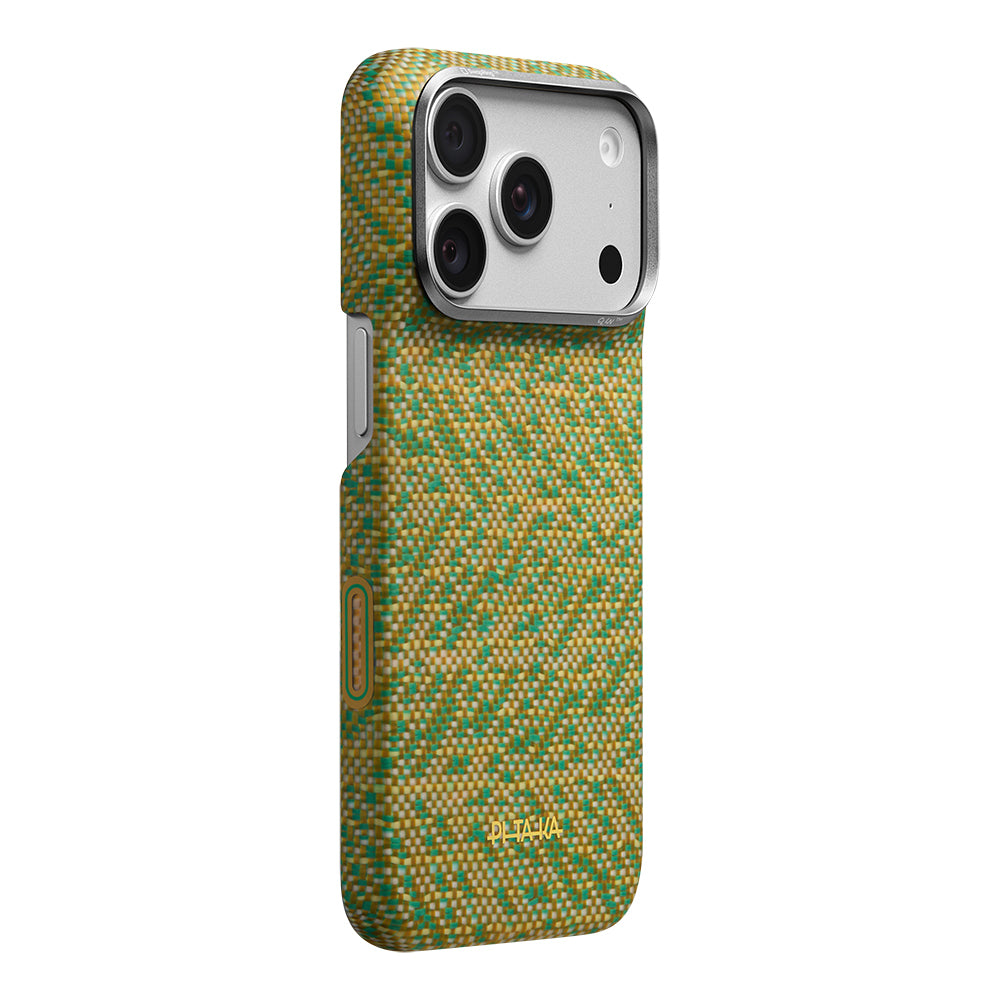 Apple iPhone 18 Pro Kılıf M-safe Şarj Özellikli Aramid Karbon Fiber Pitaka Wind Over Wheat Serisi Kapak Sarı-Yeşil