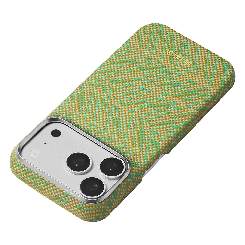 Apple iPhone 18 Pro Kılıf M-safe Şarj Özellikli Aramid Karbon Fiber Pitaka Wind Over Wheat Serisi Kapak Sarı-Yeşil