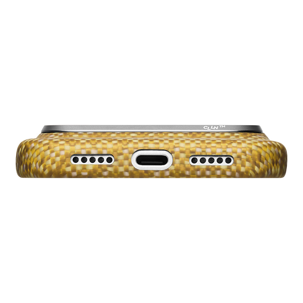 Apple iPhone 18 Pro Kılıf M-safe Şarj Özellikli Aramid Karbon Fiber Pitaka Wind Over Wheat Serisi Kapak Gold