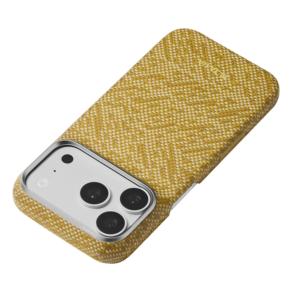 Apple iPhone 18 Pro Kılıf M-safe Şarj Özellikli Aramid Karbon Fiber Pitaka Wind Over Wheat Serisi Kapak Gold