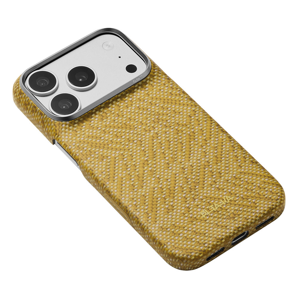 Apple iPhone 18 Pro Kılıf M-safe Şarj Özellikli Aramid Karbon Fiber Pitaka Wind Over Wheat Serisi Kapak Gold