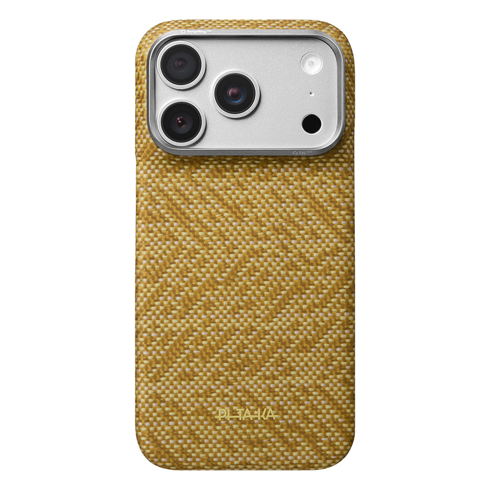 Apple iPhone 18 Pro Kılıf M-safe Şarj Özellikli Aramid Karbon Fiber Pitaka Wind Over Wheat Serisi Kapak Gold