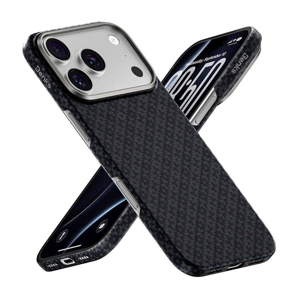 Apple iPhone 18 Pro Kılıf M-Safe Şarj Özellikli Benks ArmorAir ArmorGrid Serisi Yükseltilmiş Kamera Çerçevesi C1 Kevlar Karbon Kapak Siyah