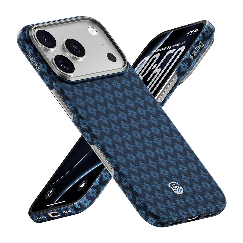Apple iPhone 18 Pro Kılıf M-Safe Şarj Özellikli Benks ArmorAir ArmorGrid Serisi Yükseltilmiş Kamera Çerçevesi C1 Kevlar Karbon Kapak Lacivert