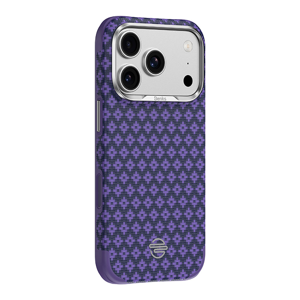 Apple iPhone 18 Pro Kılıf M-Safe Şarj Özellikli Benks ArmorPro ArmorEdge X9 Serisi Kevlar Karbon Kapak Mor