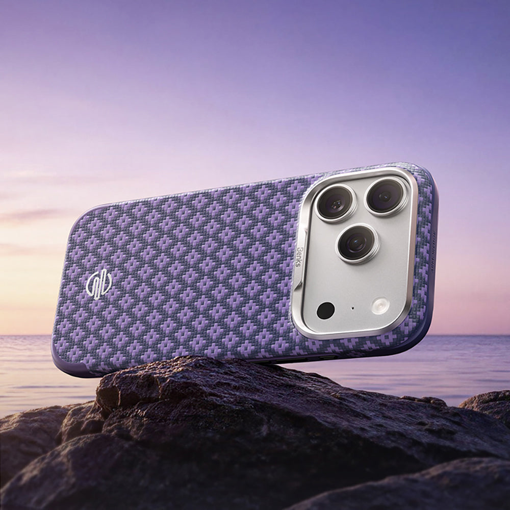 Apple iPhone 18 Pro Kılıf M-Safe Şarj Özellikli Benks ArmorPro ArmorEdge X9 Serisi Kevlar Karbon Kapak Mor