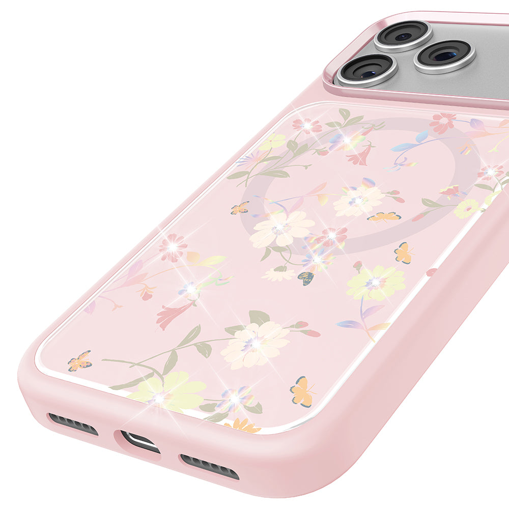 Apple iPhone 18 Pro Kılıf M-safe Şarj Özellikli Çiçek Tasarımlı Mutural Flower Serisi Kapak Pembe