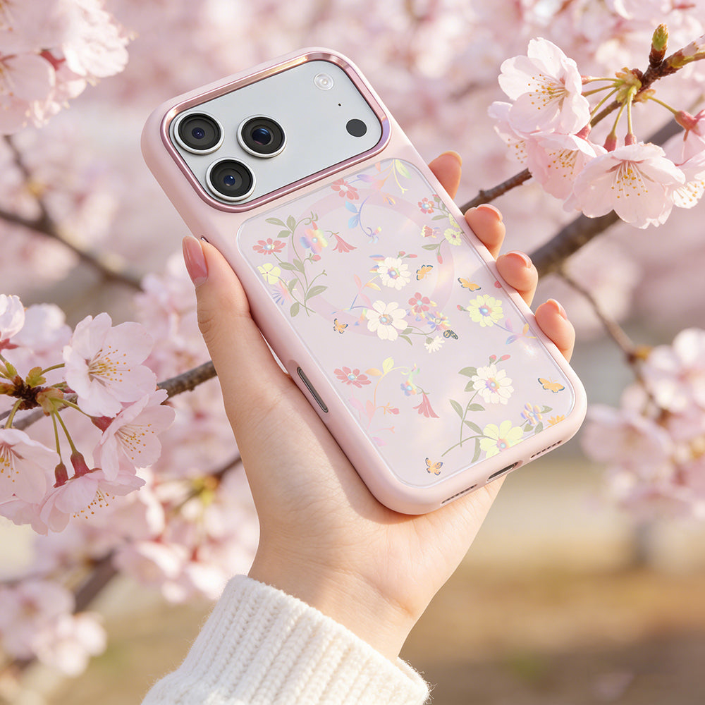 Apple iPhone 18 Pro Kılıf M-safe Şarj Özellikli Çiçek Tasarımlı Mutural Flower Serisi Kapak Pembe