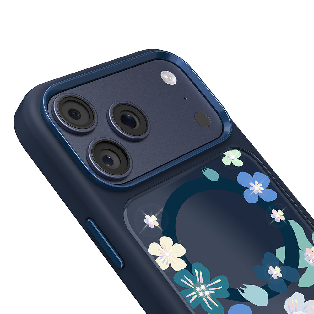Apple iPhone 18 Pro Kılıf M-safe Şarj Özellikli Çiçek Tasarımlı Mutural Flower Serisi Kapak Lacivert