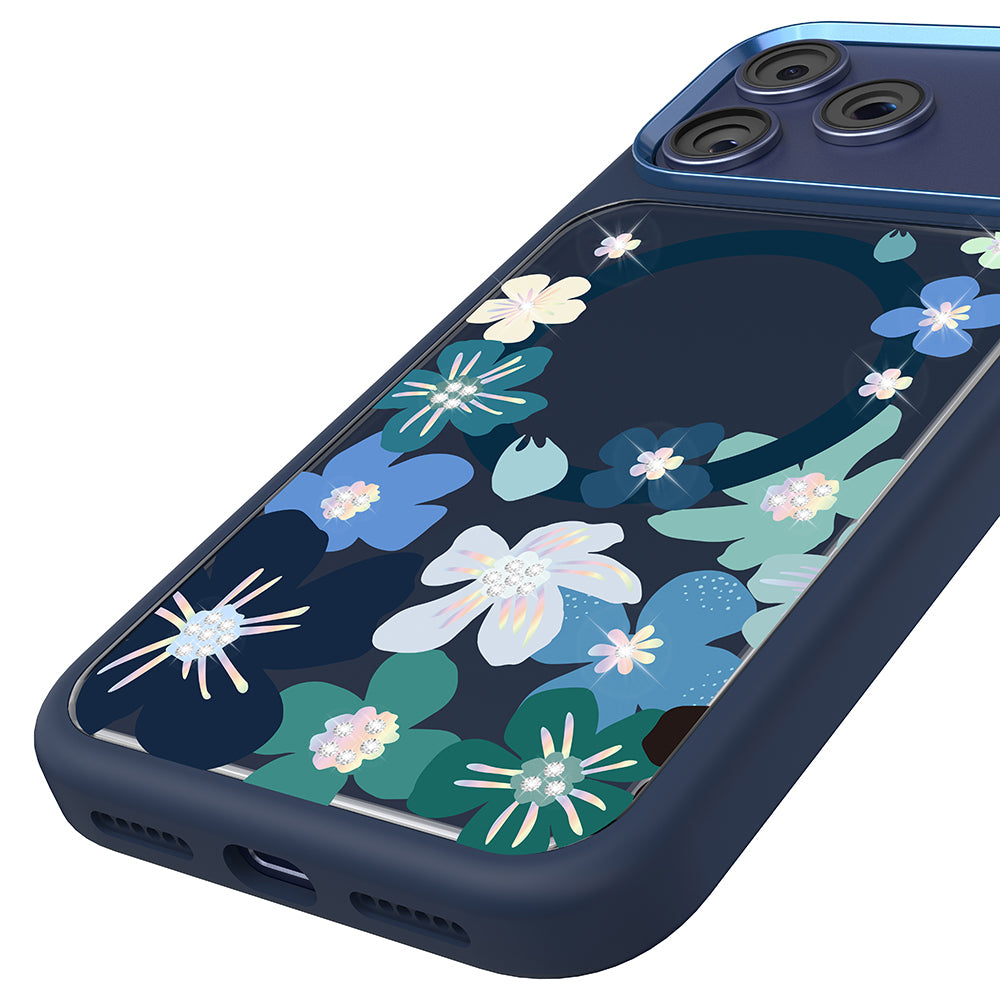 Apple iPhone 18 Pro Kılıf M-safe Şarj Özellikli Çiçek Tasarımlı Mutural Flower Serisi Kapak Lacivert