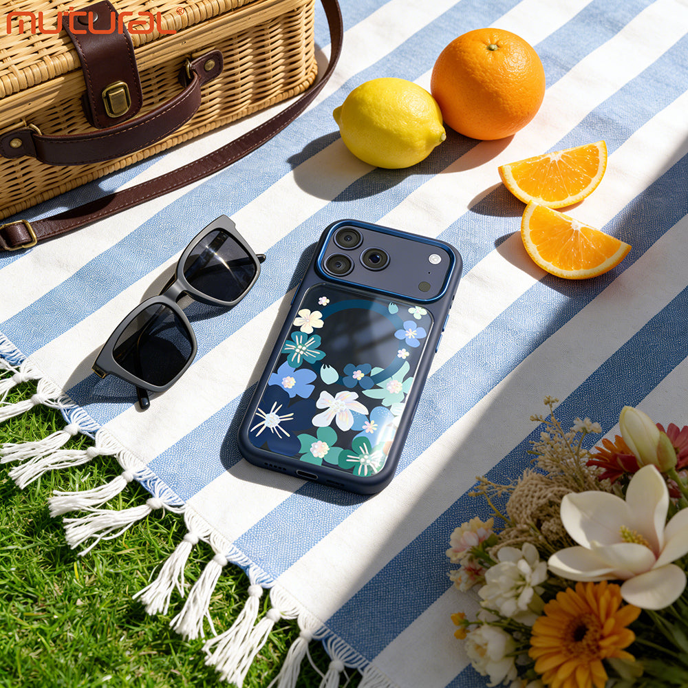 Apple iPhone 18 Pro Kılıf M-safe Şarj Özellikli Çiçek Tasarımlı Mutural Flower Serisi Kapak Lacivert