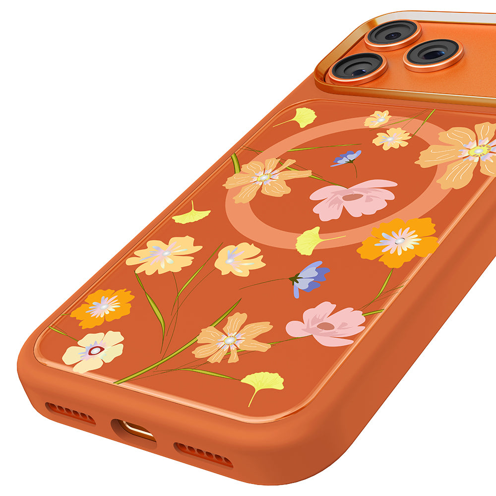 Apple iPhone 18 Pro Kılıf M-safe Şarj Özellikli Çiçek Tasarımlı Mutural Flower Serisi Kapak Turuncu