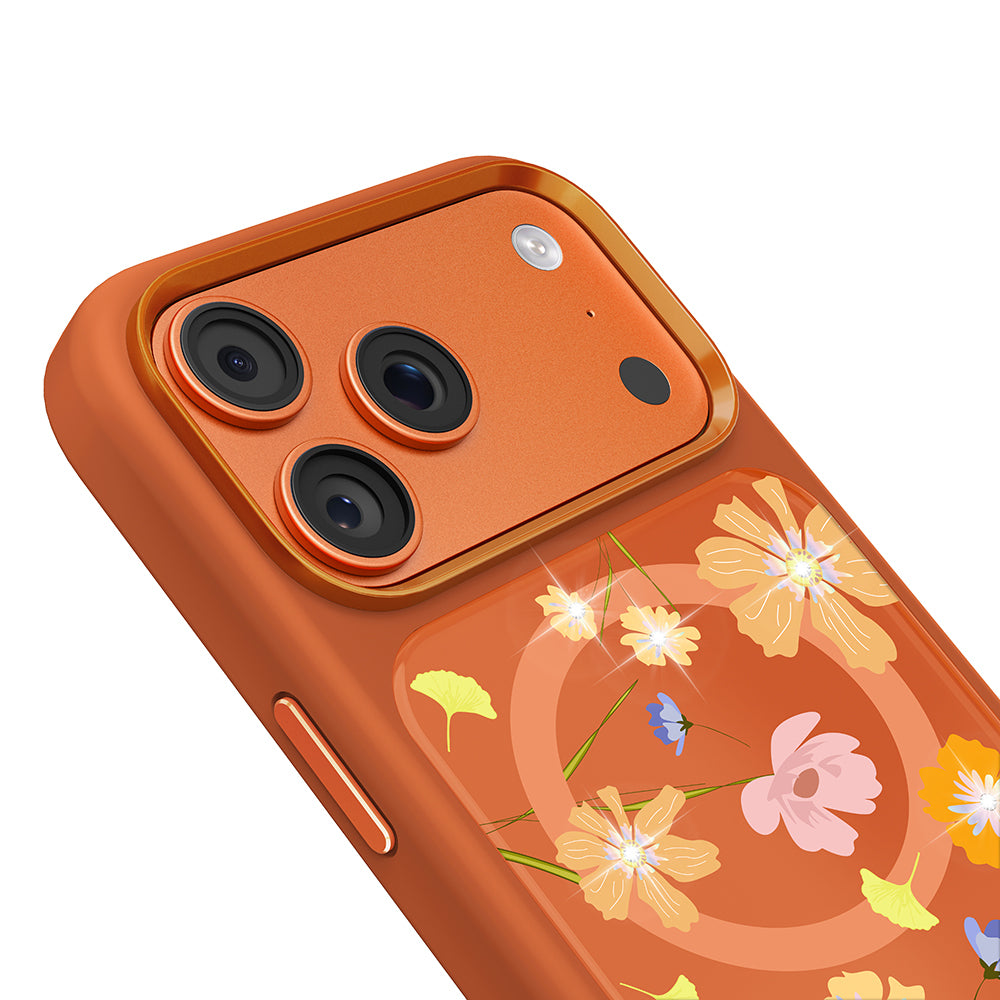 Apple iPhone 18 Pro Kılıf M-safe Şarj Özellikli Çiçek Tasarımlı Mutural Flower Serisi Kapak Turuncu