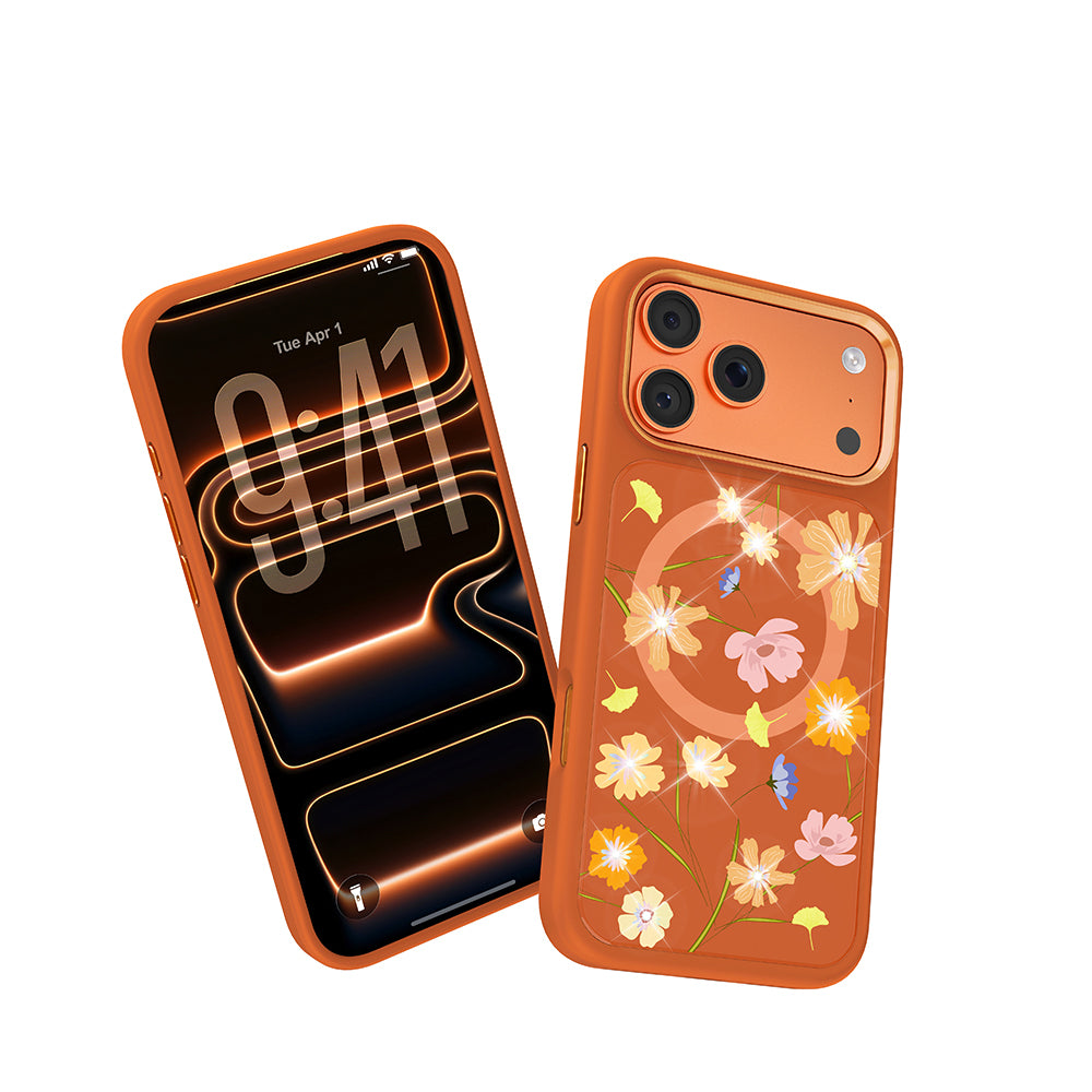 Apple iPhone 18 Pro Kılıf M-safe Şarj Özellikli Çiçek Tasarımlı Mutural Flower Serisi Kapak Turuncu