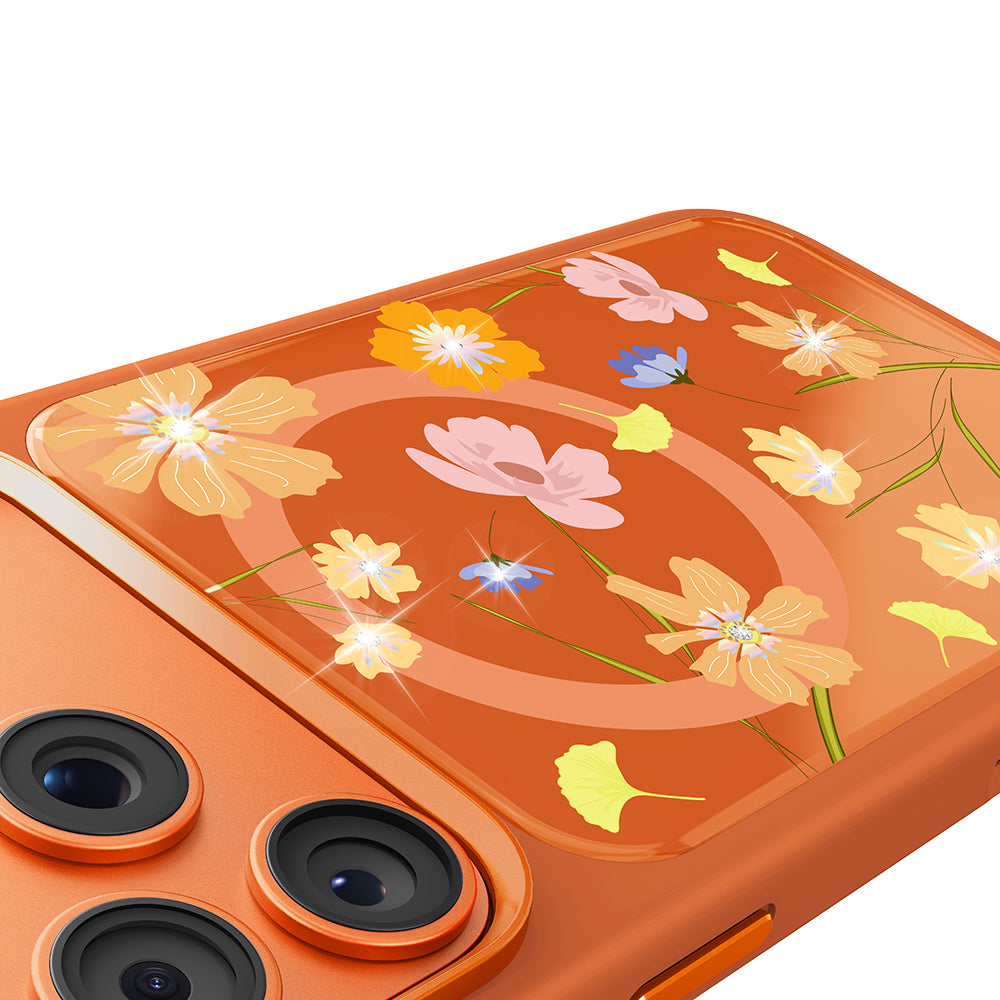 Apple iPhone 18 Pro Kılıf M-safe Şarj Özellikli Çiçek Tasarımlı Mutural Flower Serisi Kapak Turuncu
