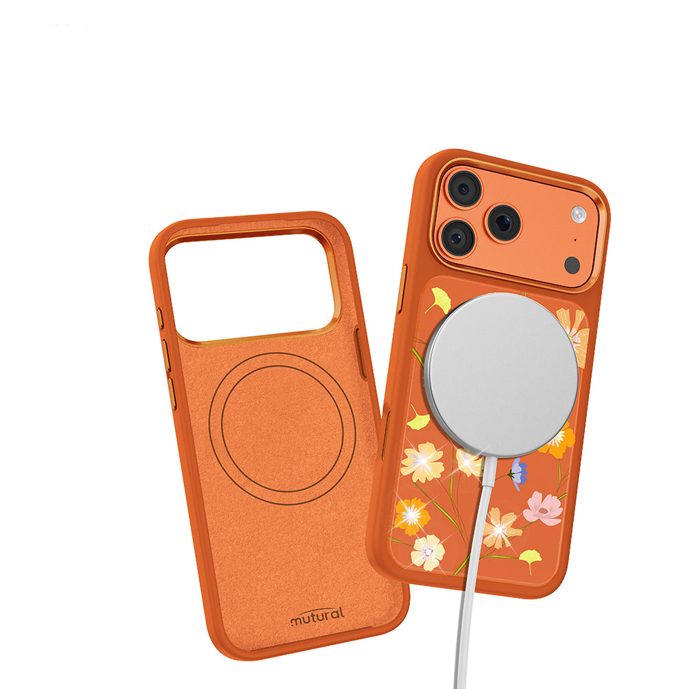 Apple iPhone 18 Pro Kılıf M-safe Şarj Özellikli Çiçek Tasarımlı Mutural Flower Serisi Kapak Turuncu