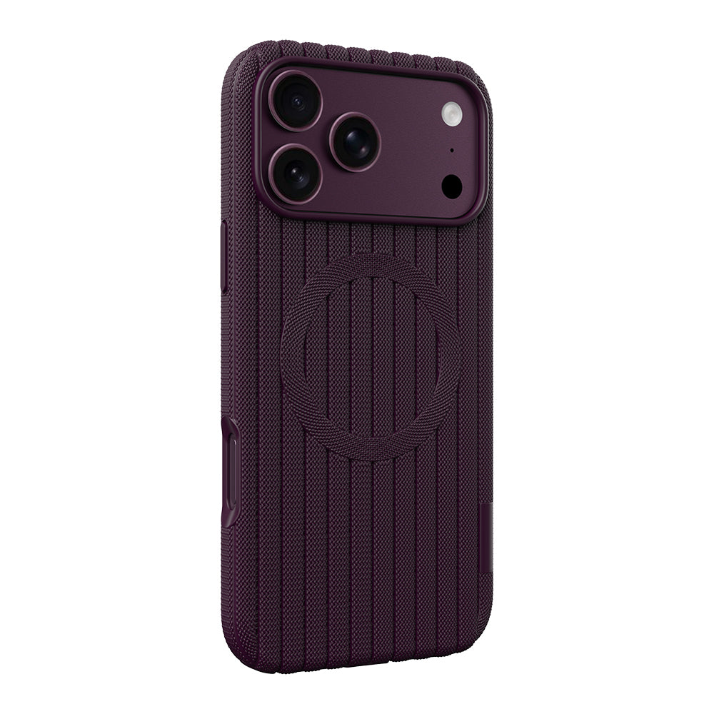 Apple iPhone 18 Pro Kılıf M-Safe Şarj Özellikli Çizgi Desenli Kumaş Dokulu Zore Paris Lorin Kapak Bordo