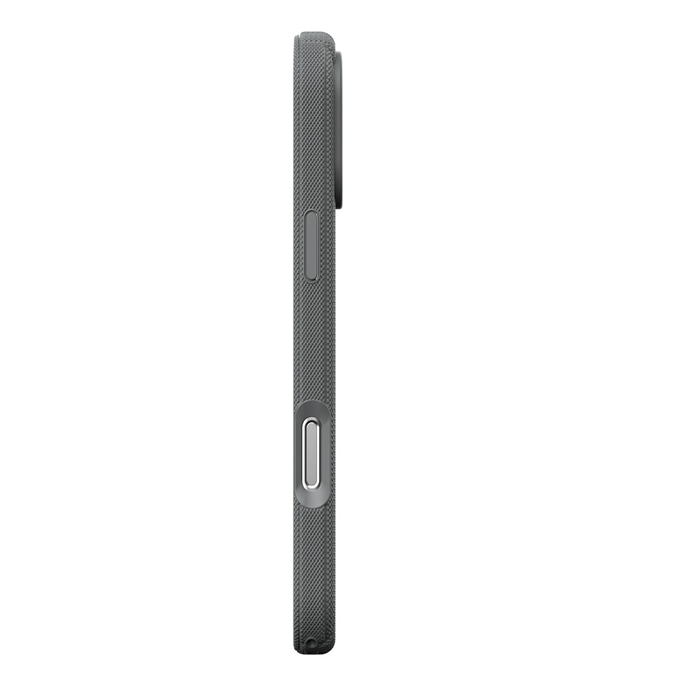 Apple iPhone 18 Pro Kılıf M-Safe Şarj Özellikli Çizgi Desenli Kumaş Dokulu Zore Paris Lorin Kapak Gri