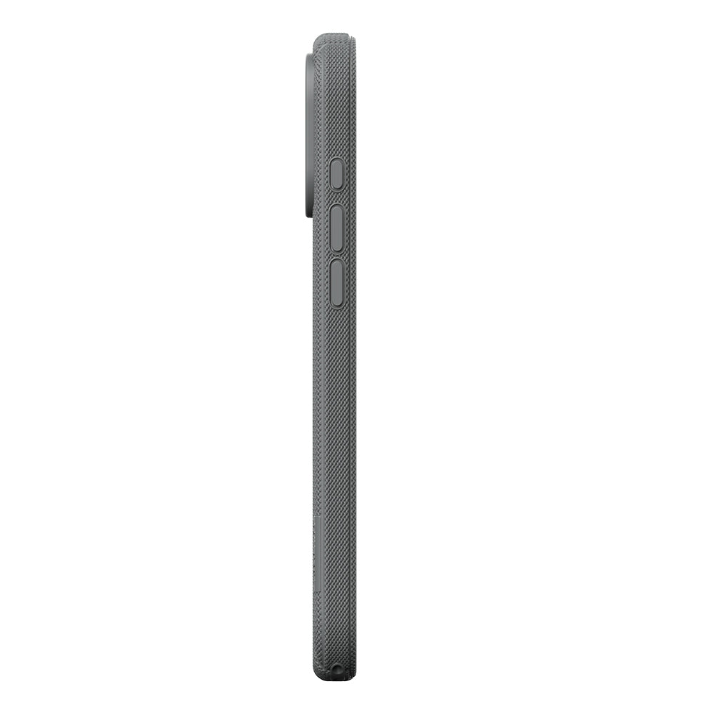 Apple iPhone 18 Pro Kılıf M-Safe Şarj Özellikli Çizgi Desenli Kumaş Dokulu Zore Paris Lorin Kapak Gri