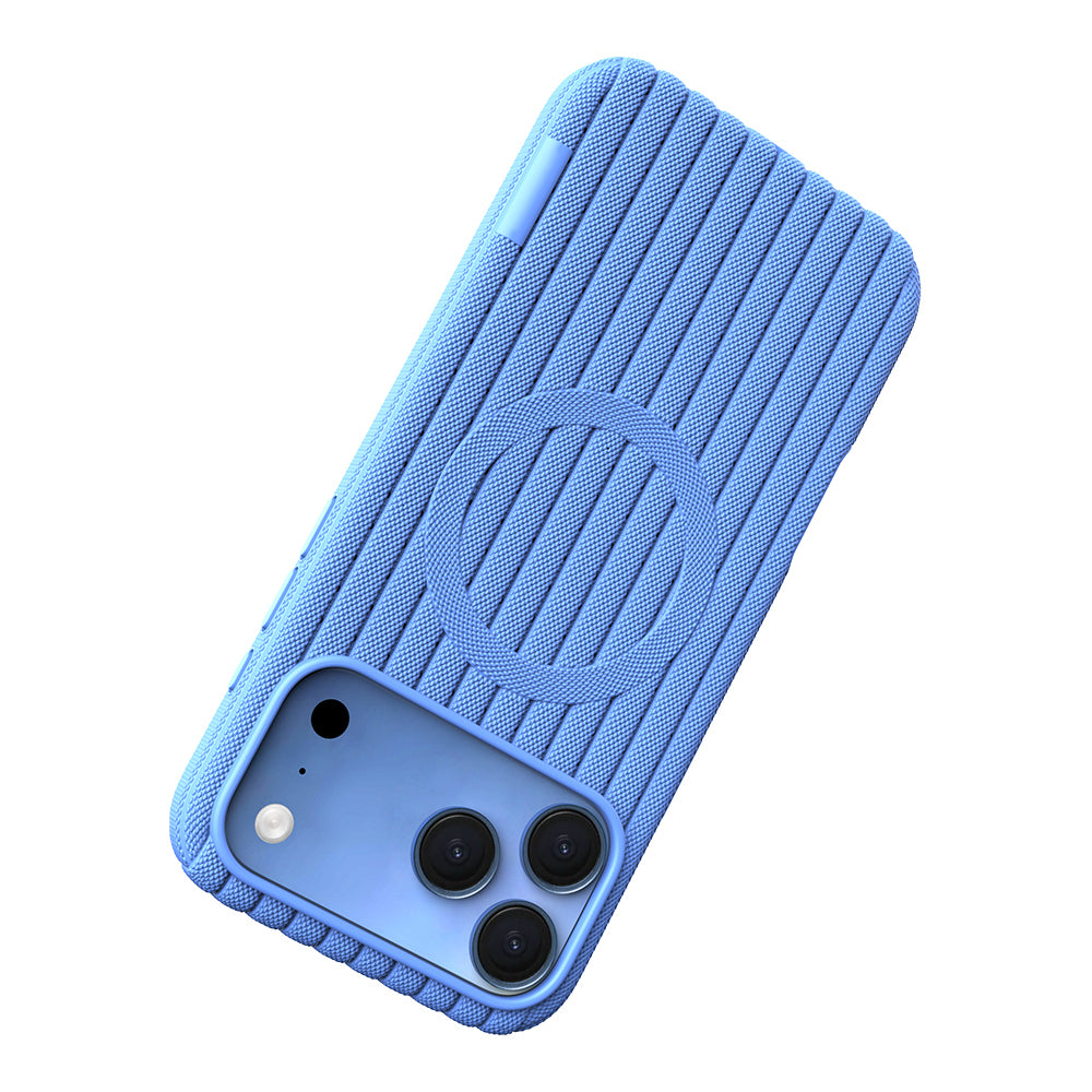 Apple iPhone 18 Pro Kılıf M-Safe Şarj Özellikli Çizgi Desenli Kumaş Dokulu Zore Paris Lorin Kapak Açık Mavi