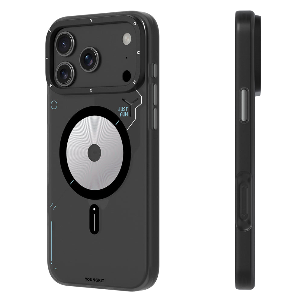Apple iPhone 18 Pro Kılıf M-safe Şarj Özellikli Disk Desenli Youngkit Disc Battle Kapak Gri