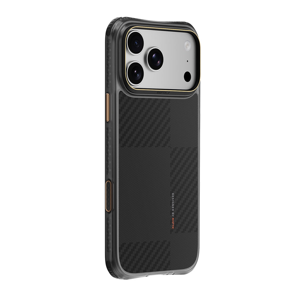 Apple iPhone 18 Pro Kılıf M-safe Şarj Özellikli Metal Kamera Çerçeveli Raptic Aramid Dual Karbon Fiber Mondrian Serisi Kapak Siyah