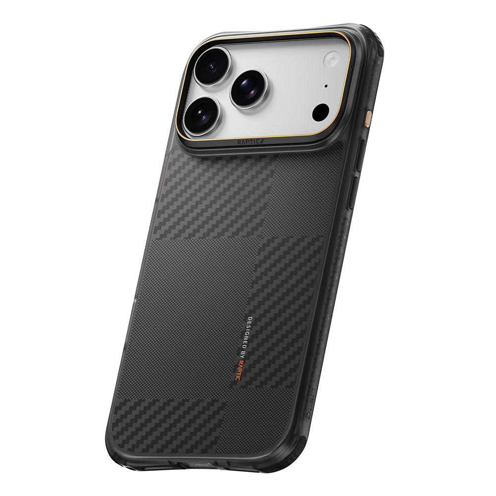 Apple iPhone 18 Pro Kılıf M-safe Şarj Özellikli Metal Kamera Çerçeveli Raptic Aramid Dual Karbon Fiber Mondrian Serisi Kapak Siyah
