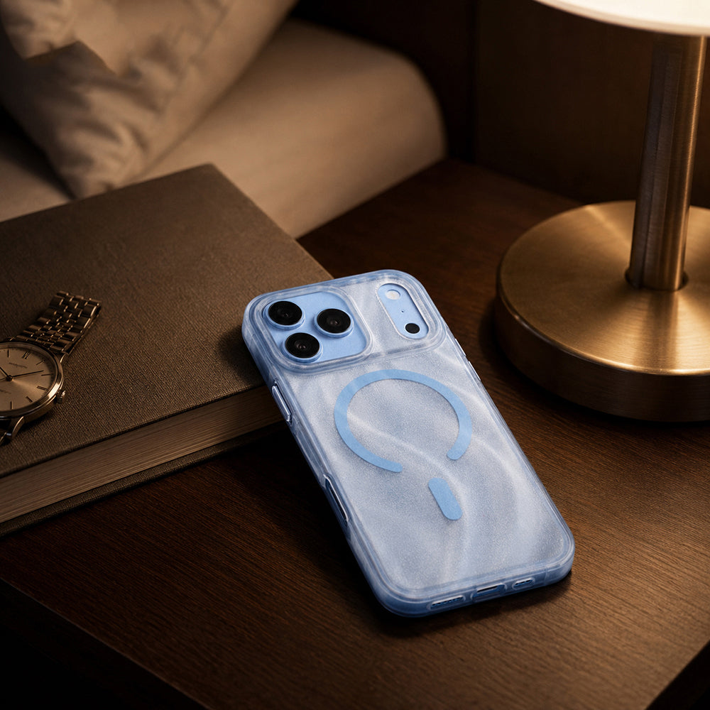 Apple iPhone 18 Pro Kılıf M-safe Şarj Özellikli Mutural Glow Desert Serisi Kapak Açık Mavi