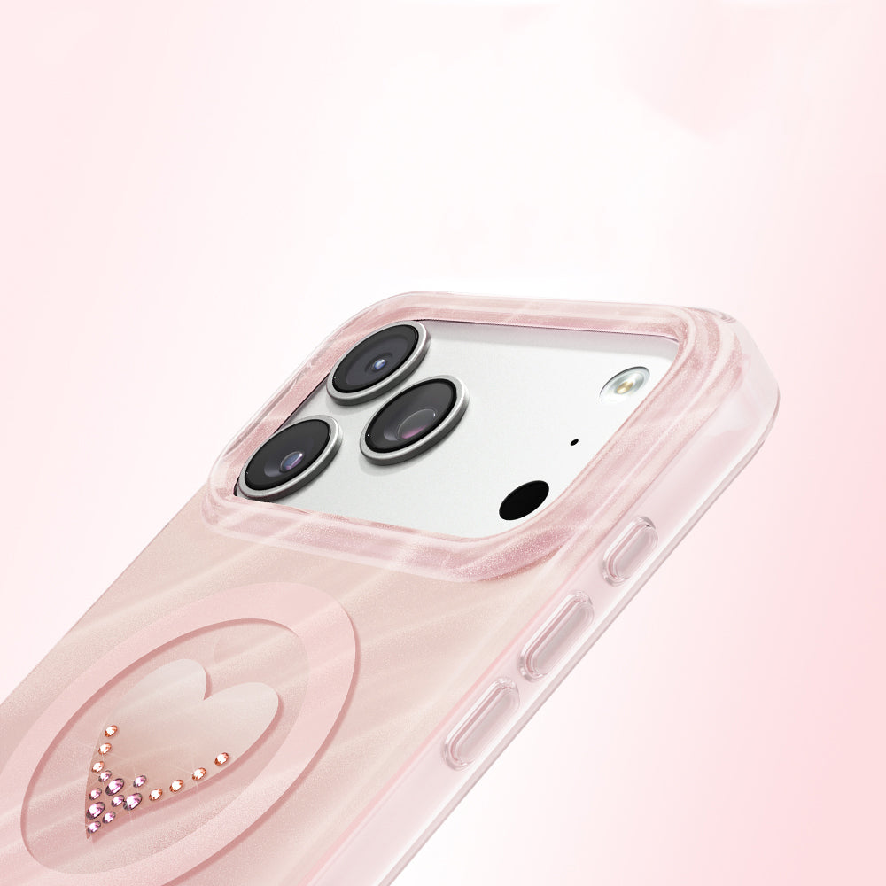Apple iPhone 18 Pro Kılıf M-Safe Şarj Özellikli Orjinal Swarovski Taşlı Zore Paris Rovix Sert PC Kapak Pembe