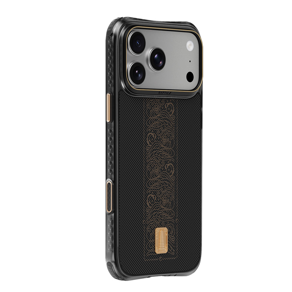 Apple iPhone 18 Pro Kılıf M-safe Şarj Özellikli Raptic Aramid Dual Rise Serisi 24 Ayar Altın Kaplamalı Karbon Kapak Siyah