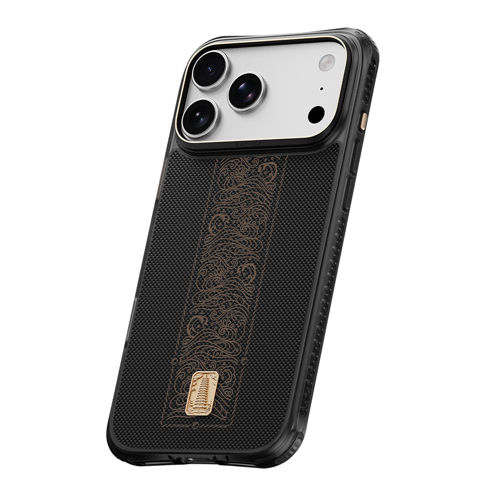 Apple iPhone 18 Pro Kılıf M-safe Şarj Özellikli Raptic Aramid Dual Rise Serisi 24 Ayar Altın Kaplamalı Karbon Kapak Siyah