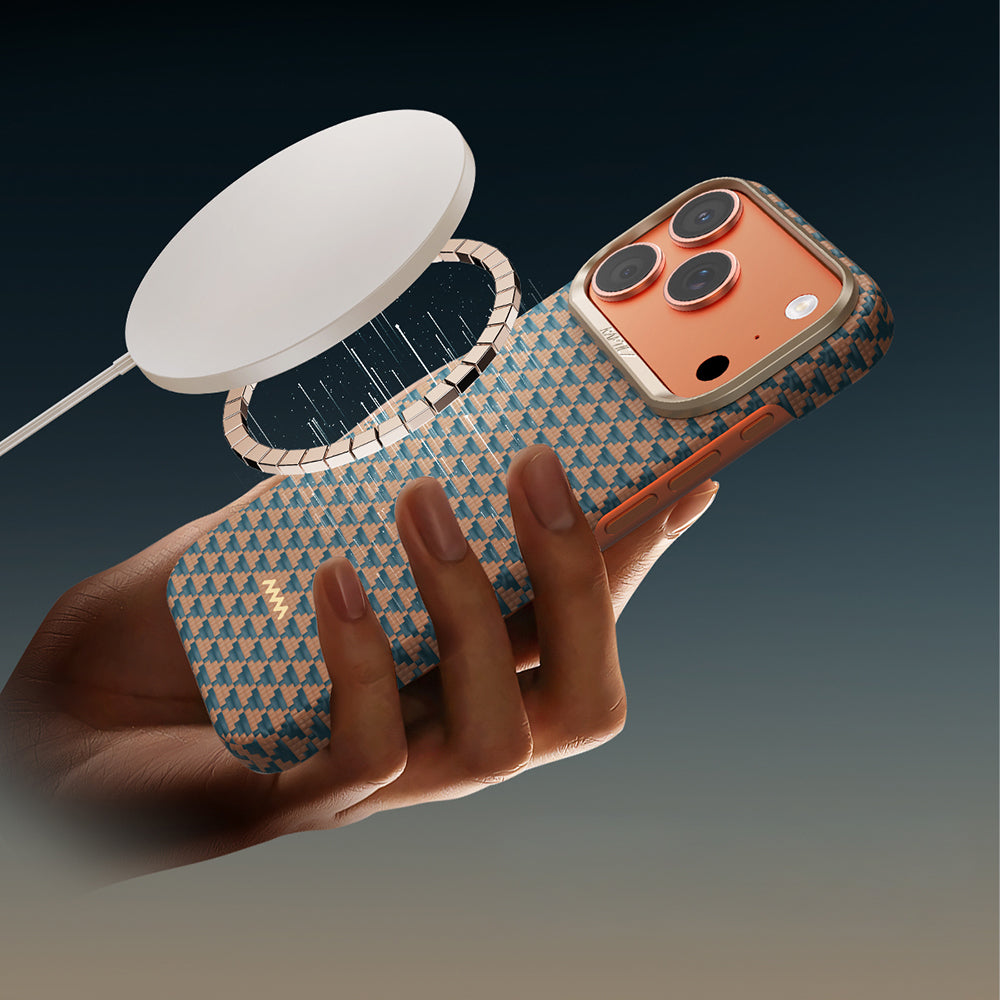 Apple iPhone 18 Pro Kılıf M-safe Şarj Özellikli Raptic Aramid Skin Origin Serisi Karbon Kapak Lacivert