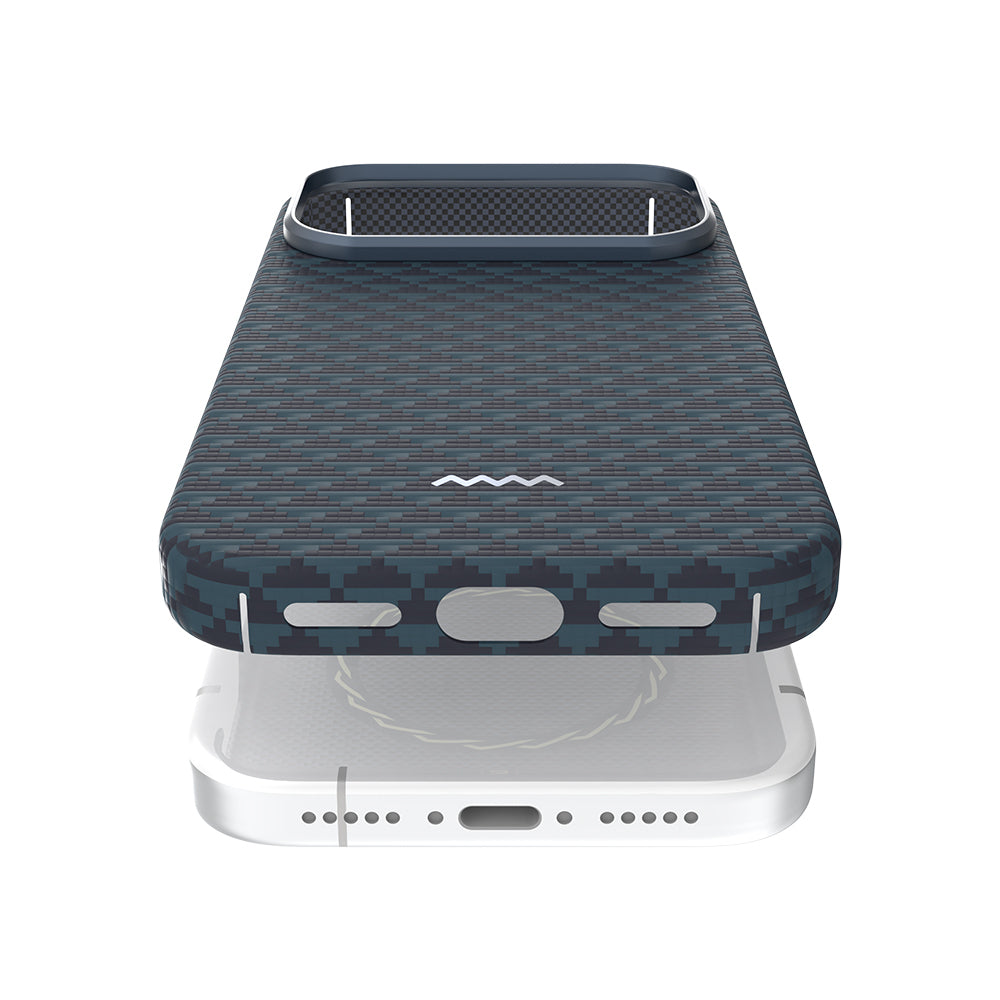 Apple iPhone 18 Pro Kılıf M-safe Şarj Özellikli Raptic Aramid Skin Origin Serisi Karbon Kapak Lacivert