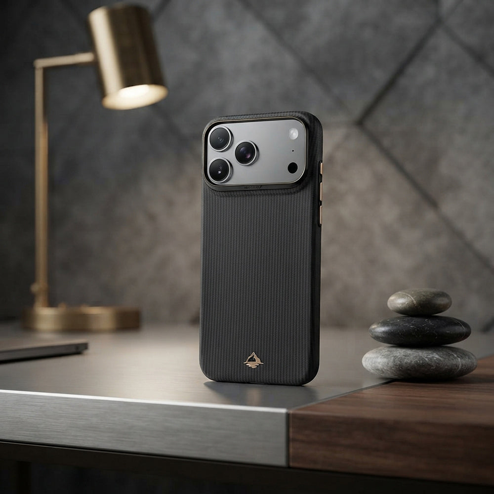 Apple iPhone 18 Pro Kılıf M-safe Şarj Özellikli Raptic Aramid Skin Reynis Serisi Karbon Kapak Siyah