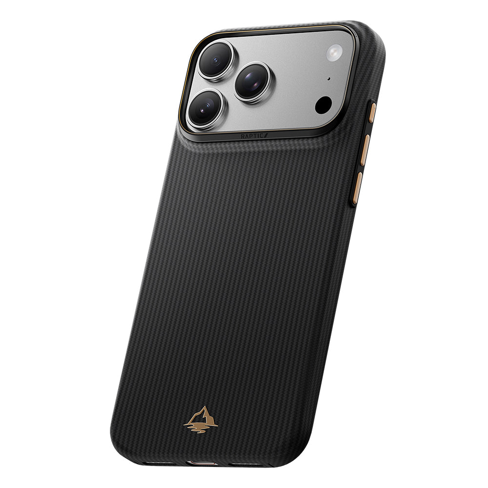 Apple iPhone 18 Pro Kılıf M-safe Şarj Özellikli Raptic Aramid Skin Reynis Serisi Karbon Kapak Siyah
