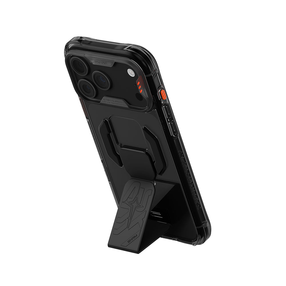 Apple iPhone 18 Pro Kılıf M-safe Şarj Özellikli Teknoloji Desenli Skinarma Helio CE Mag Charge Standlı Kapak Füme