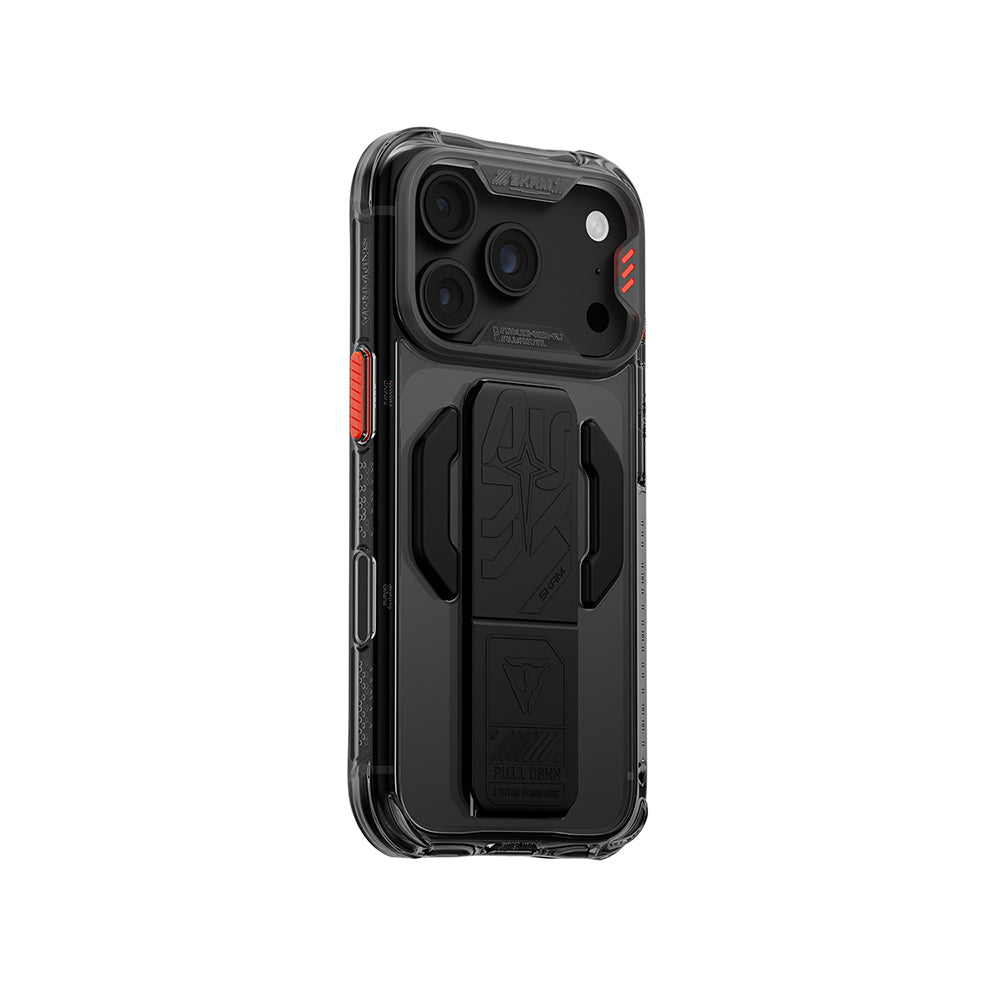 Apple iPhone 18 Pro Kılıf M-safe Şarj Özellikli Teknoloji Desenli Skinarma Helio CE Mag Charge Standlı Kapak Füme