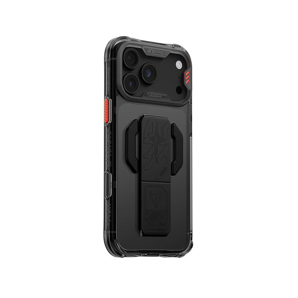 Apple iPhone 18 Pro Kılıf M-safe Şarj Özellikli Teknoloji Desenli Skinarma Helio CE Mag Charge Standlı Kapak Füme