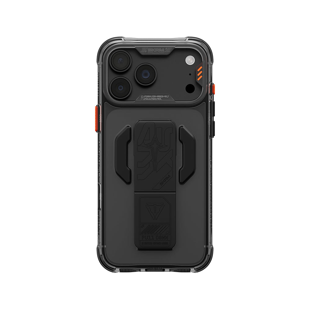 Apple iPhone 18 Pro Kılıf M-safe Şarj Özellikli Teknoloji Desenli Skinarma Helio CE Mag Charge Standlı Kapak Füme