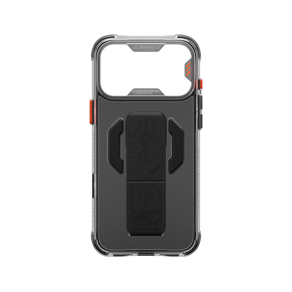 Apple iPhone 18 Pro Kılıf M-safe Şarj Özellikli Teknoloji Desenli Skinarma Helio CE Mag Charge Standlı Kapak Füme