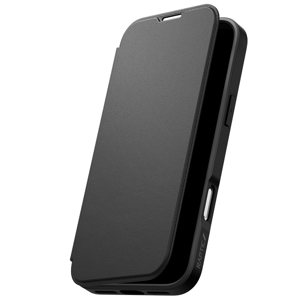 Apple iPhone 18 Pro Kılıf M-safe Şarj Özellikli Vegan Deri Tasarımlı Şeffaf Arka Yüzey Kartlıklı Raptic Urban Folio Serisi Kapak Siyah