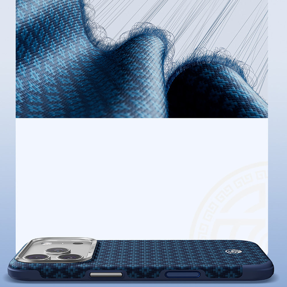Apple iPhone 18 Pro Kılıf M-Safe Şarj Özellikli Yükseltilmiş Kamera Çerçeveli Benks ArmorGrid ArmorEdge X9 Serisi Kevlar Karbon Kapak Lacivert