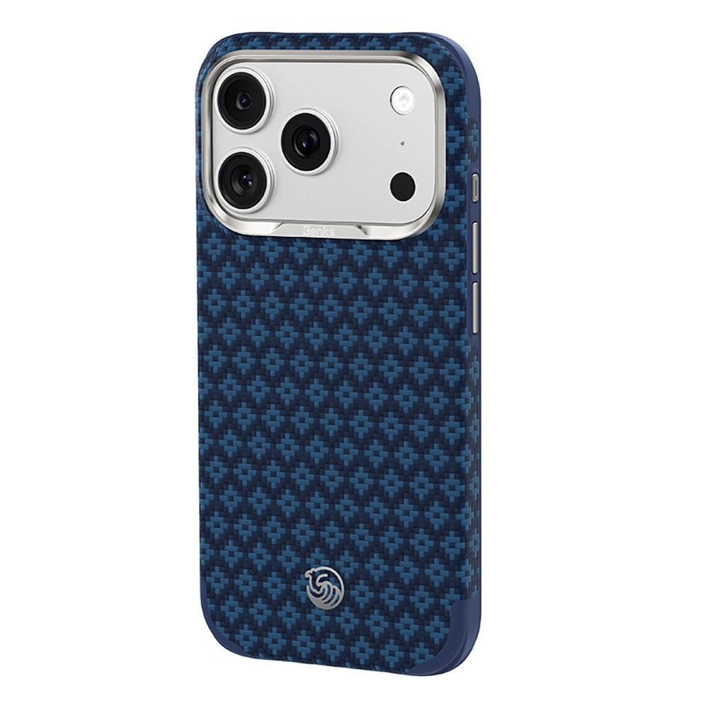 Apple iPhone 18 Pro Kılıf M-Safe Şarj Özellikli Yükseltilmiş Kamera Çerçeveli Benks ArmorGrid ArmorEdge X9 Serisi Kevlar Karbon Kapak Lacivert