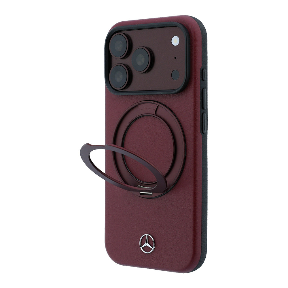 Apple iPhone 18 Pro Kılıf Mercedes Benz Orjinal Lisanslı M-safe Şarj Özellikli 360 Derece Dönebilen Standlı PU Metal Logolu Kapak Bordo