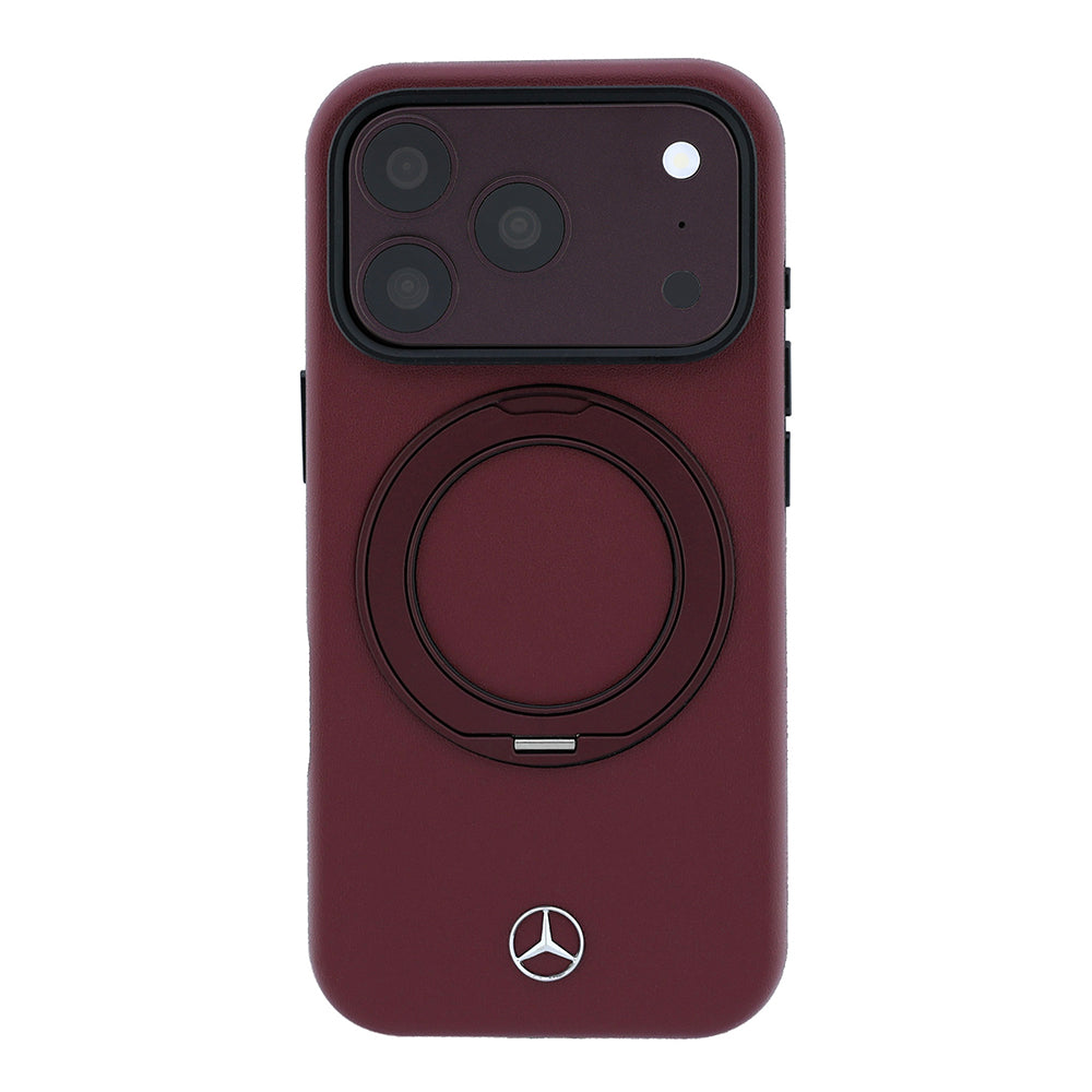 Apple iPhone 18 Pro Kılıf Mercedes Benz Orjinal Lisanslı M-safe Şarj Özellikli 360 Derece Dönebilen Standlı PU Metal Logolu Kapak Bordo