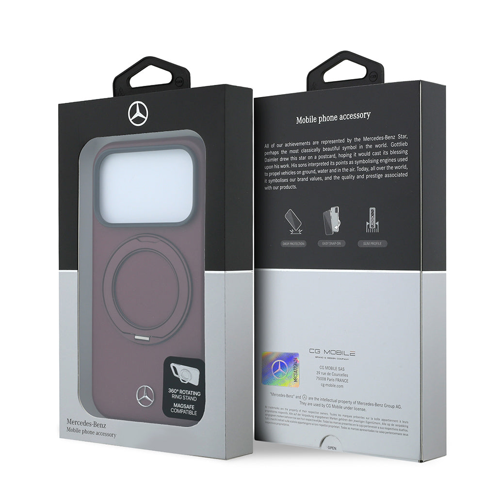 Apple iPhone 18 Pro Kılıf Mercedes Benz Orjinal Lisanslı M-safe Şarj Özellikli 360 Derece Dönebilen Standlı PU Metal Logolu Kapak Bordo
