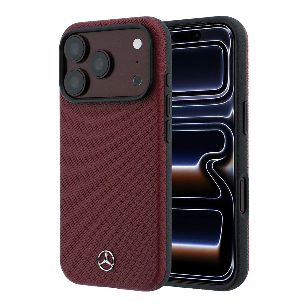 Apple iPhone 18 Pro Kılıf Mercedes Benz Orjinal Lisanslı M-safe Şarj Özellikli 3D Metal Logolu Wrap Wood Deri Kapak Bordo